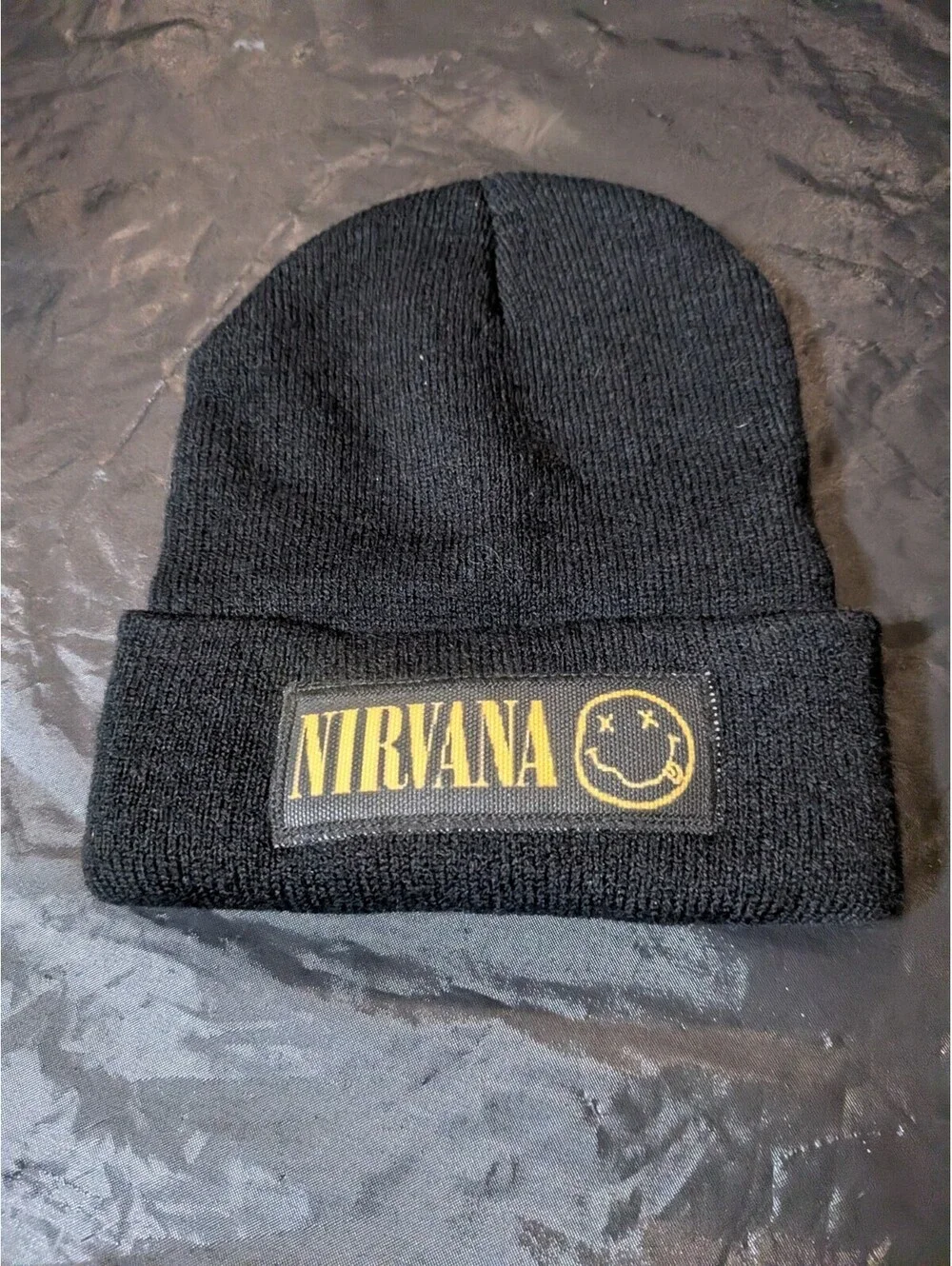 Nirvana Gray Beanie Hat Yellow Text Smiley Grunge Rock Band Merch Knit Cap